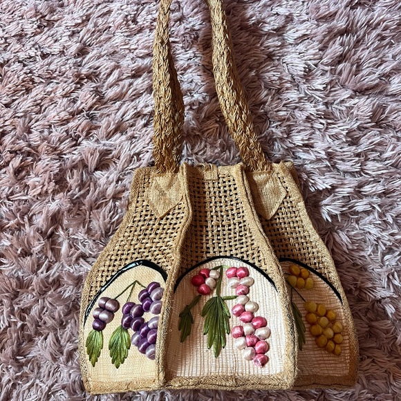 Vintage Handcrafted Tan Woven Bag with Colorful Raffia Flowers - Picture 3 of 5